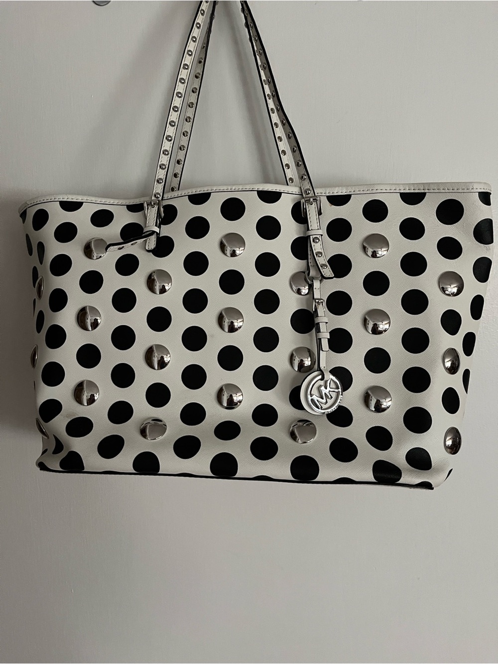 Michael Kors White and Black Polka Dot Tote with Silver Studs
